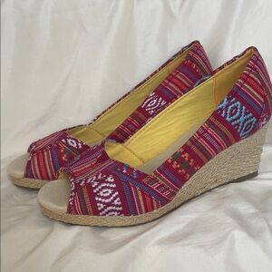 Tapestry Bohemian Patterned Espadrille wrapped Wedge Peep-Toe Heels size 6